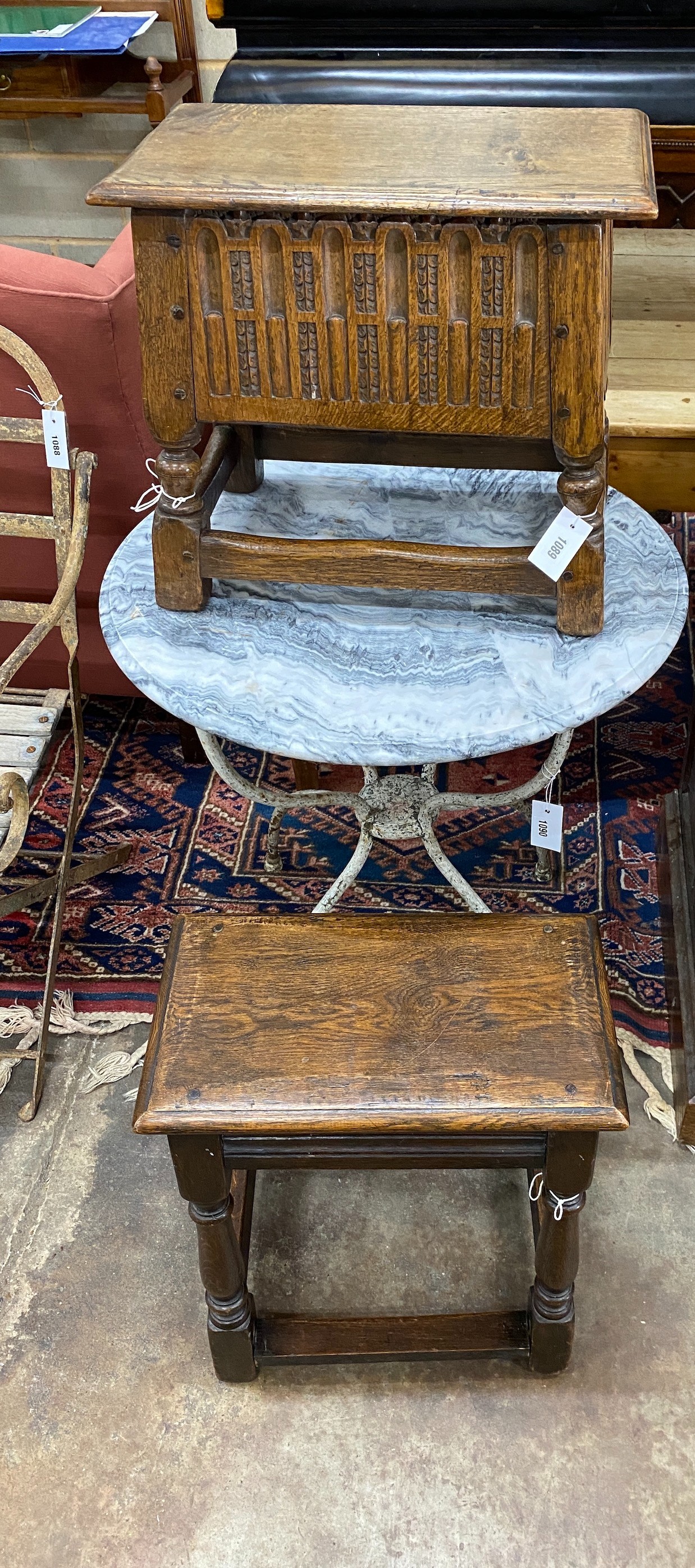 An 18th century style oak box seat stool, width 47cm, together with a smaller 18th century style oak joint stool